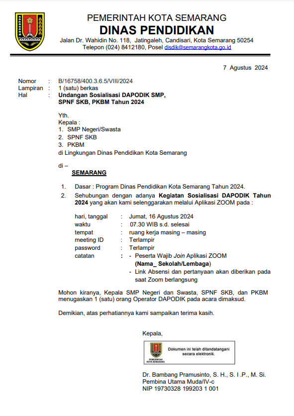Undangan Sosialisasi DAPODIK SMP, SPNF SKB, PKBM Tahun 2024